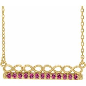 Collier barre 16 pouces en or jaune 14 carats avec tourmaline rose naturelle et motif infini