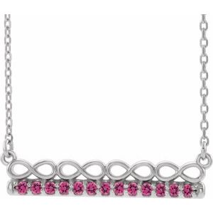 Collier barre 16 pouces en or blanc 14 carats, tourmaline rose naturelle, motif infini