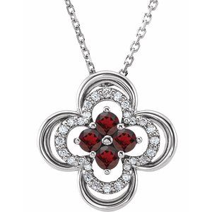Collier trèfle 18 pouces (45,7 cm) en or 14 carats, grenat naturel blanc du Mozambique et diamants naturels (0,08 carat au total).