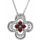 Collier trèfle en platine, grenat naturel du Mozambique et diamants naturels (0,08 carat au total), 45,7 cm (18 pouces).