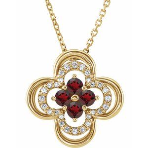 Collier trèfle 18 pouces (45,7 cm) en or jaune 14 carats, grenat naturel du Mozambique et diamants naturels (0,08 carat au total).