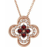 Collier trèfle 18 pouces en or rose 14 carats, grenat naturel du Mozambique et diamants naturels (0,08 carat au total), 45,7 cm (18 pouces).