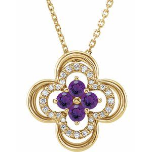 Collier trèfle 18 pouces (45,7 cm) en or 14 carats, améthyste jaune naturelle et diamants naturels (0,08 carat au total).