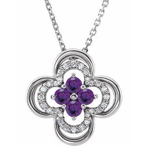 Collier trèfle en platine, améthyste naturelle et diamants naturels (0,08 carat au total), 45,7 cm (18 pouces).