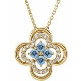 Collier trèfle 18 pouces en or jaune 14 carats avec aigue-marine naturelle et diamants naturels (0,08 carat au total), 45,7 cm (18 pouces).