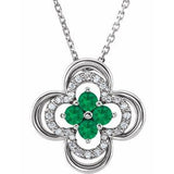Collier trèfle 18 pouces en or 14 carats, orné d'une émeraude blanche naturelle et de diamants naturels (0,10 carat au total).