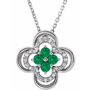 Collier trèfle 18 pouces en or 14 carats, orné d'une émeraude blanche naturelle et de diamants naturels (0,10 carat au total).
