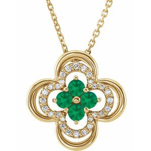 Collier trèfle 18 pouces (45,7 cm) en or 14 carats, orné d'une émeraude de laboratoire jaune et de diamants naturels (0,08 carat au total).