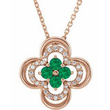 Collier trèfle 18 pouces en or rose 14 carats, orné d'une émeraude de laboratoire et de diamants naturels (0,08 carat au total).