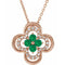 Collier trèfle 18 pouces en or rose 14 carats, orné d'une émeraude de laboratoire et de diamants naturels (0,08 carat au total).