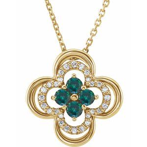 Collier trèfle 18 pouces (45,7 cm) en or jaune 14 carats, alexandrite de laboratoire et diamants naturels (0,08 carat au total).