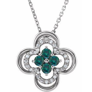 Collier trèfle en platine, alexandrite naturelle et diamants naturels (0,08 carat au total), 45,7 cm (18 pouces).