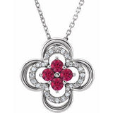 Collier trèfle en platine, rubis naturel et diamants naturels (0,08 carat au total), 45,7 cm (18 pouces).