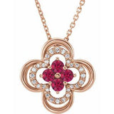 Collier trèfle 18 pouces en or rose 14 carats avec rubis de laboratoire et diamants naturels (0,08 carat au total), 45,7 cm (18 pouces).