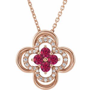 Collier trèfle 18 pouces en or rose 14 carats avec rubis de laboratoire et diamants naturels (0,08 carat au total), 45,7 cm (18 pouces).