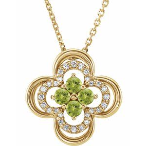 Collier trèfle 18 pouces en or 14 carats, péridot naturel jaune et diamants naturels (0,08 carat au total),