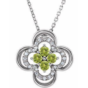 Collier trèfle 18 pouces en or 14 carats, péridot blanc naturel et diamants naturels (0,08 carat au total).
