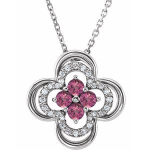 Collier trèfle 18 pouces en or blanc 14 carats, tourmaline rose naturelle et diamants naturels (0,08 carat au total), 45,7 cm (18 pouces).