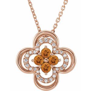 Collier trèfle 18 pouces en or rose 14 carats, citrine naturelle et diamants naturels (0,08 carat au total), 45,7 cm (18 pouces).