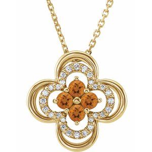 Collier trèfle 18 pouces en or 14 carats avec citrine naturelle jaune et diamants naturels (0,08 carat au total), 45,7 cm (18 pouces).