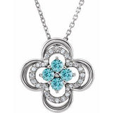 Collier trèfle en platine, zircon bleu naturel et diamants naturels (0,08 carat au total), 45,7 cm (18 pouces).