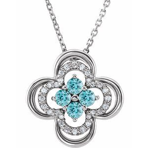 Collier trèfle en platine, zircon bleu naturel et diamants naturels (0,08 carat au total), 45,7 cm (18 pouces).