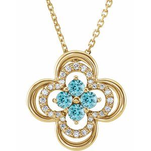 Collier trèfle 18 pouces en or jaune 14 carats, zircon bleu naturel et diamants naturels (0,08 carat au total), 45,7 cm (18 pouces).