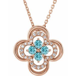 Collier trèfle 18 pouces en or rose 14 carats, zircon bleu naturel et diamants naturels (0,08 carat au total), 45,7 cm (18 pouces).