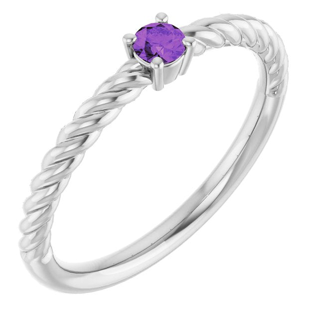 Bague solitaire corde en or blanc 14 carats avec améthyste naturelle de 3 mm