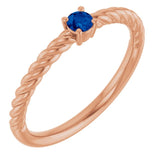 Bague solitaire en or rose 14 carats avec saphir bleu naturel de 3 mm et monture corde