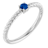 Bague solitaire en or blanc 14 carats avec saphir bleu naturel de 3 mm et monture corde