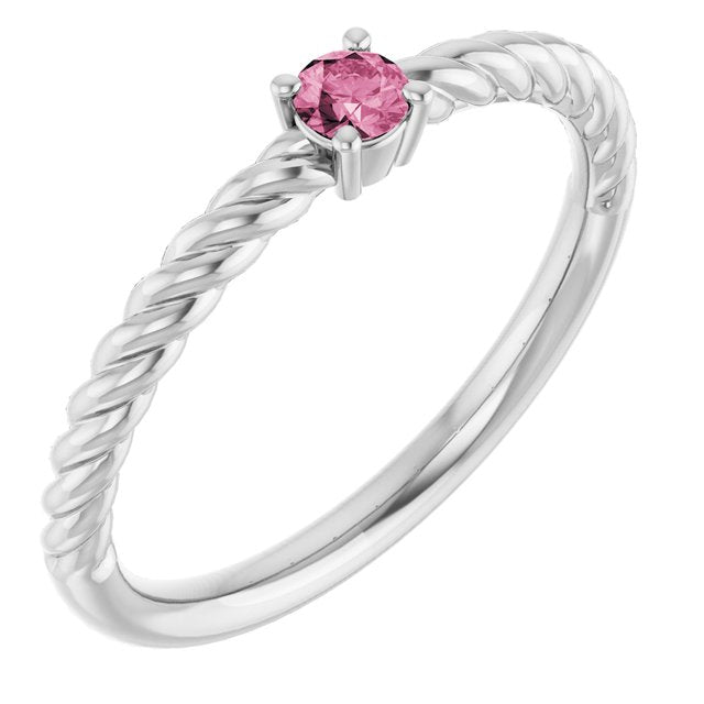 Bague solitaire en platine avec tourmaline rose naturelle de 3 mm, style corde.