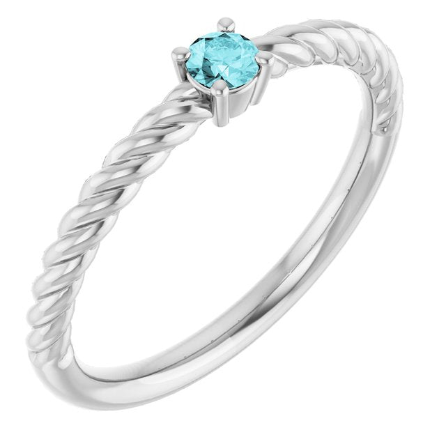 Bague solitaire en platine avec zircon bleu naturel de 3 mm et monture corde