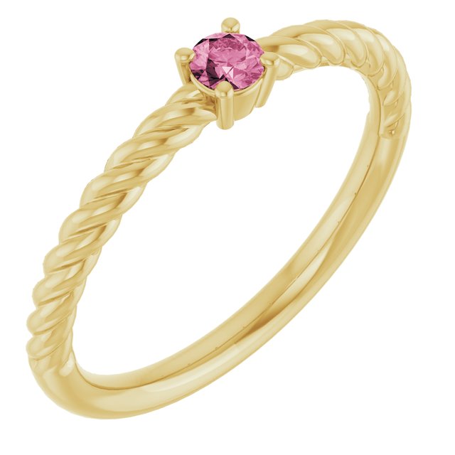 Bague solitaire en or jaune 14 carats avec tourmaline rose naturelle de 3 mm, sertie sur corde.
