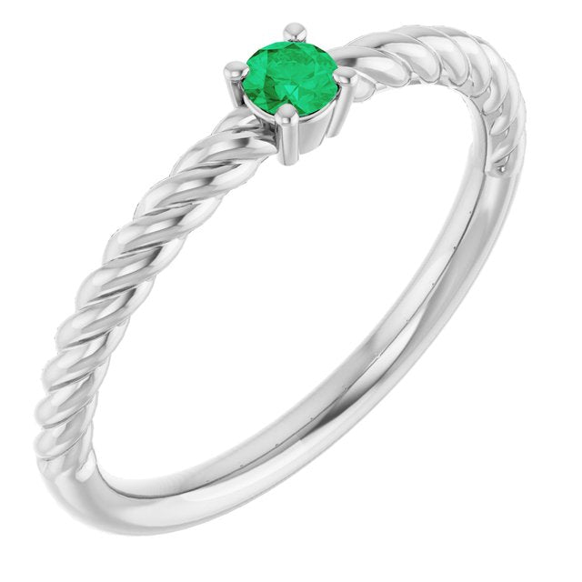 Bague solitaire corde en or blanc 14 carats avec émeraude de laboratoire de 3 mm