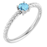 Bague solitaire en platine avec aigue-marine naturelle de 4 mm et corde