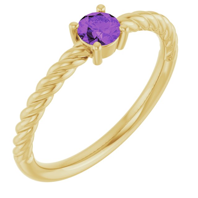 Bague solitaire en or jaune 14 carats avec améthyste naturelle de 4 mm, sertie sur corde.