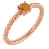 Bague solitaire en or rose 14 carats avec citrine naturelle de 4 mm et pierre corde