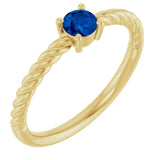 Bague solitaire en or jaune 14 carats avec saphir bleu naturel de 4 mm et monture corde