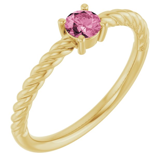 Bague solitaire en or jaune 14 carats avec tourmaline rose naturelle de 4 mm, sertie sur corde.