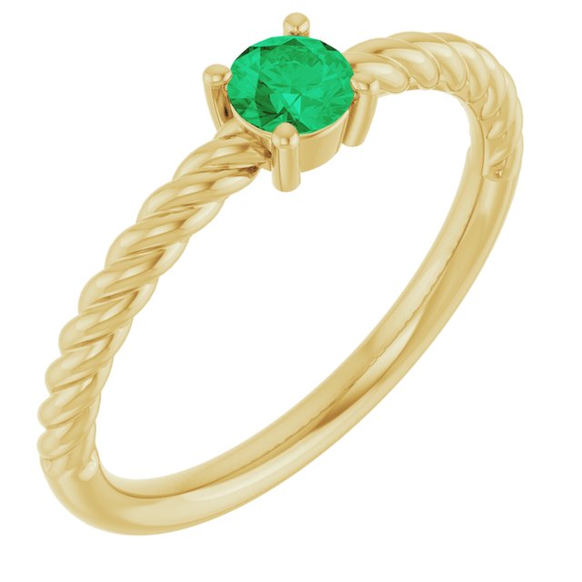 Bague solitaire corde en or jaune 14 carats avec émeraude naturelle de 4 mm
