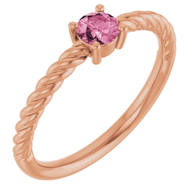 Bague solitaire en or rose 14 carats avec tourmaline rose naturelle de 4 mm, sertie sur corde.