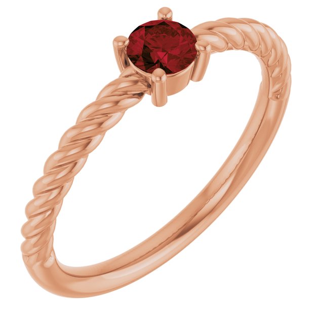 Bague solitaire en or rose 14 carats avec grenat naturel du Mozambique de 4 mm, sertie sur corde.