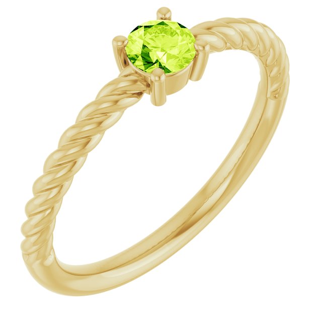 Bague solitaire corde en or jaune 14 carats avec péridot naturel de 4 mm.