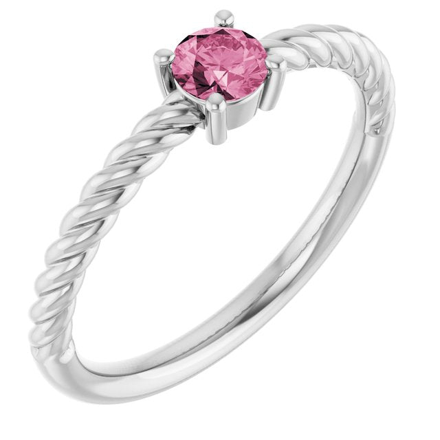 Bague solitaire en argent sterling et tourmaline rose naturelle de 4 mm, style corde
