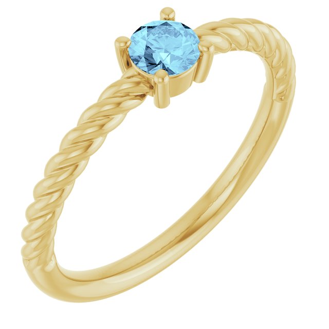 Bague solitaire corde en or jaune 14 carats et aigue-marine naturelle de 4 mm