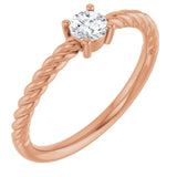 Bague solitaire en or rose 14 carats avec saphir blanc naturel de 4 mm et monture corde