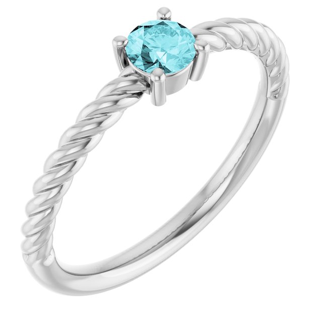 Bague solitaire en platine avec zircon bleu naturel de 4 mm et monture corde