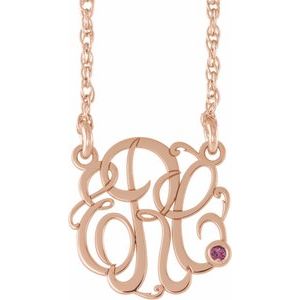 Collier monogramme 3 initiales en argent sterling plaqué or rose 14 carats, 25 mm, imitation tourmaline rose, 45,7 cm (18 pouces).
