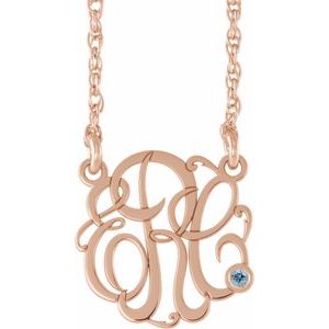 Collier monogramme 3 initiales en imitation aigue-marine rose 14 carats, 25 mm, 45,7 cm (18 pouces)